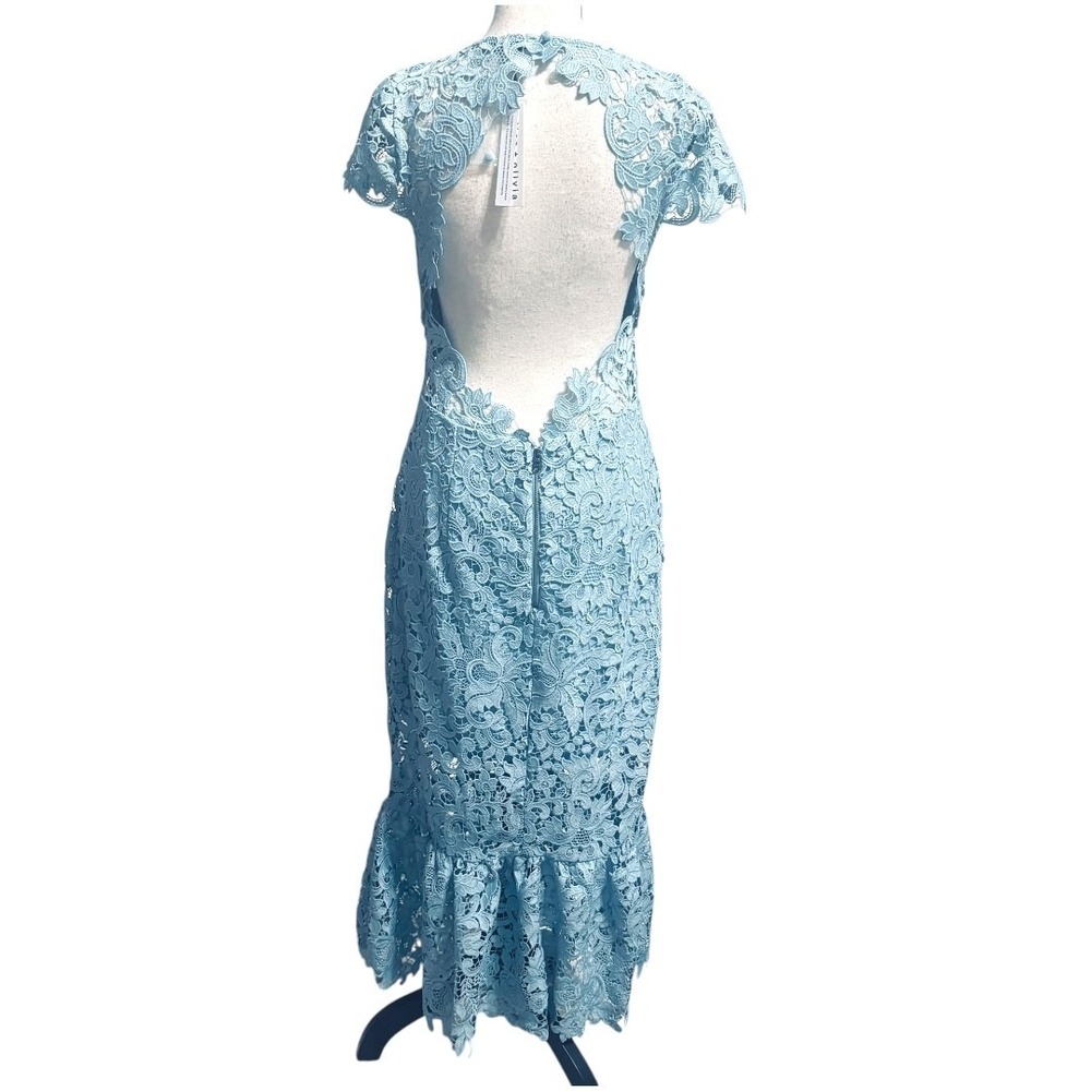 Alice + Olivia Clover Open Back Lace Dress Sz 8 Mineral Blue Ruffle - Picture 4 of 15